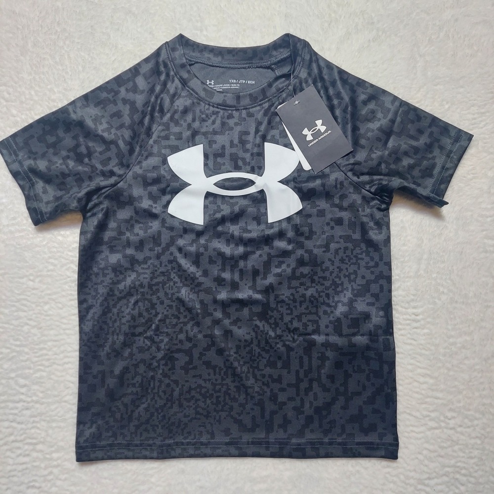 Under Armour Shirt Boys YXS Black Brand New Tech BL Printed SS 1363278 Camo